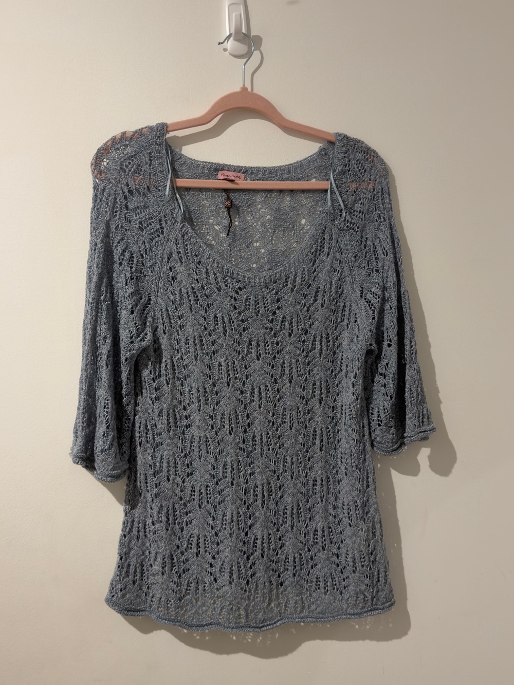 Light Gray/Blue Open-Knit Scoop-Neck Tunic Top - Picture 3 of 4